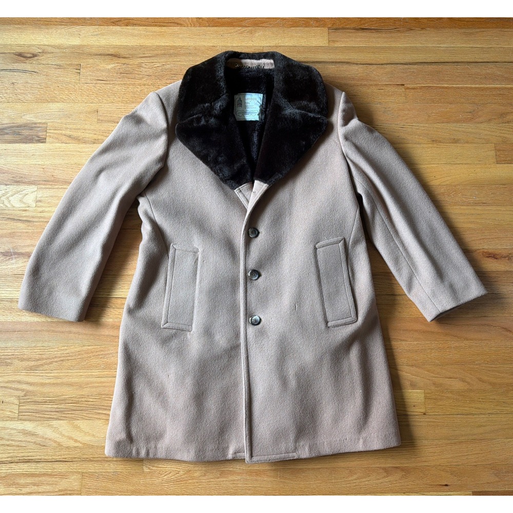 Vtg London Fog Overcoat Mens 40 100% Wool Beige Faux Fur Collar Lined Winter